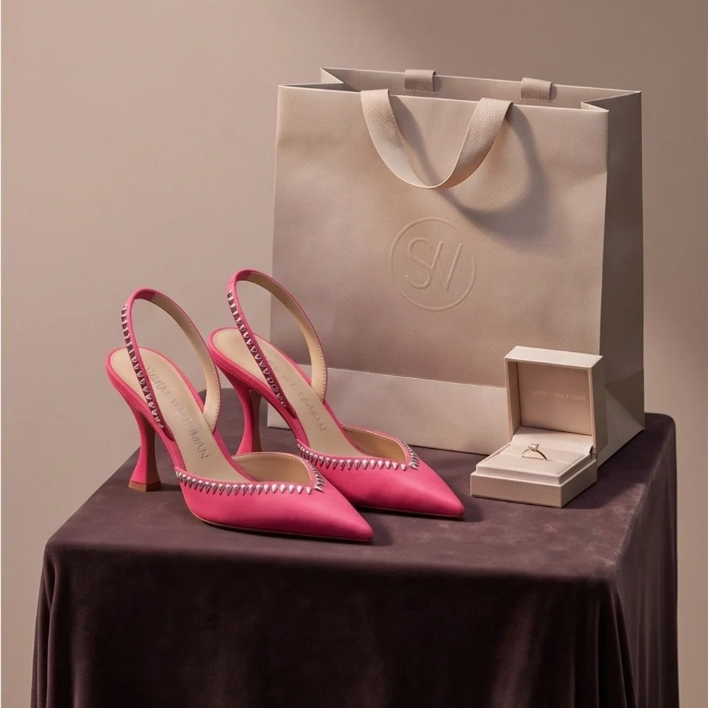 Stuart Weitzman Women’s Suede Pink Pointed Slingback Heels with Cristal Studs